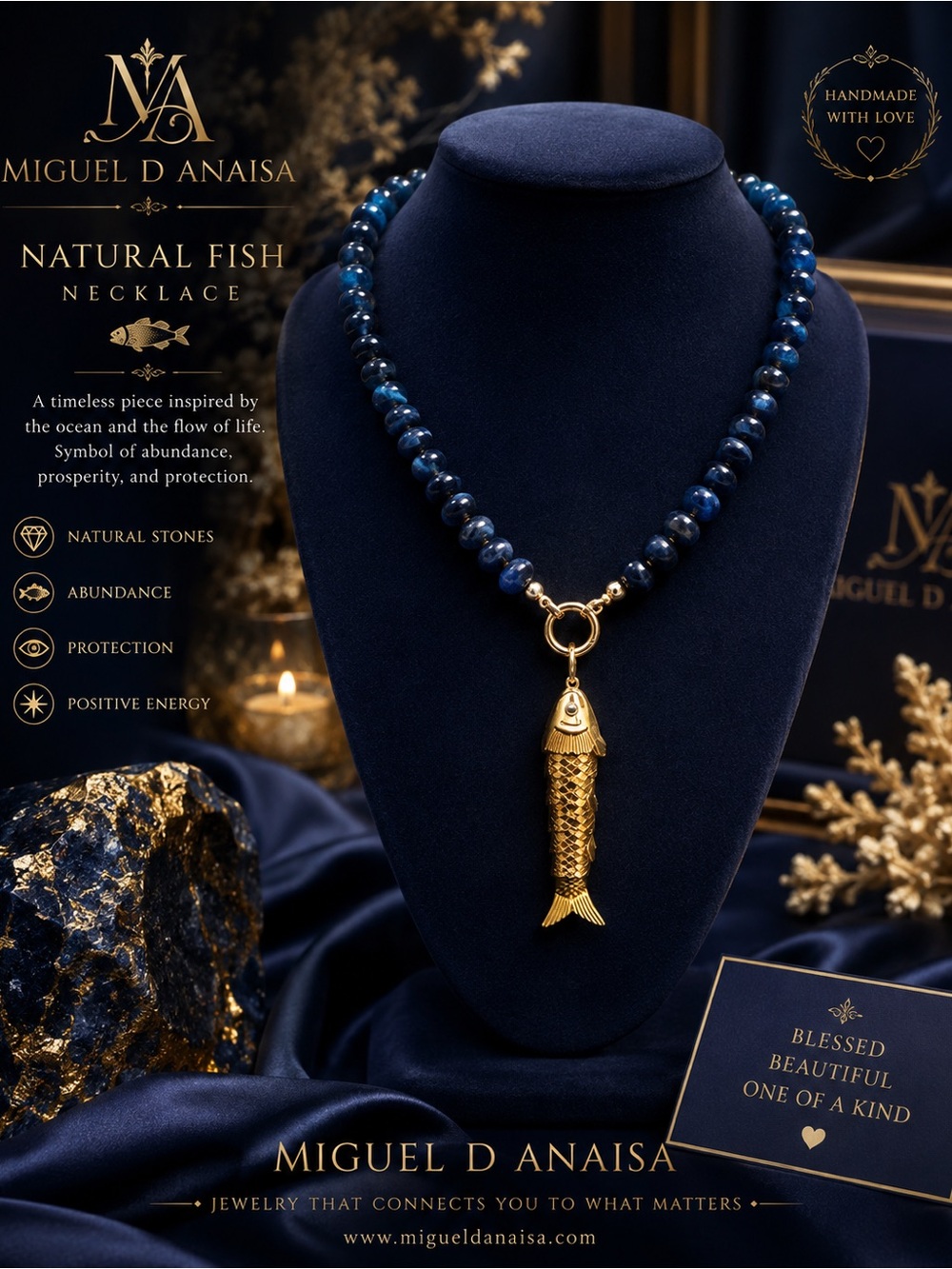 Blue Natural Fish Beaded Necklace with Gold Fish Pendant